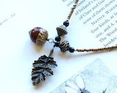 Book thong beaded acorn bookmark - antique bronze leaf, onyx gemstones, ceramic & glass beads