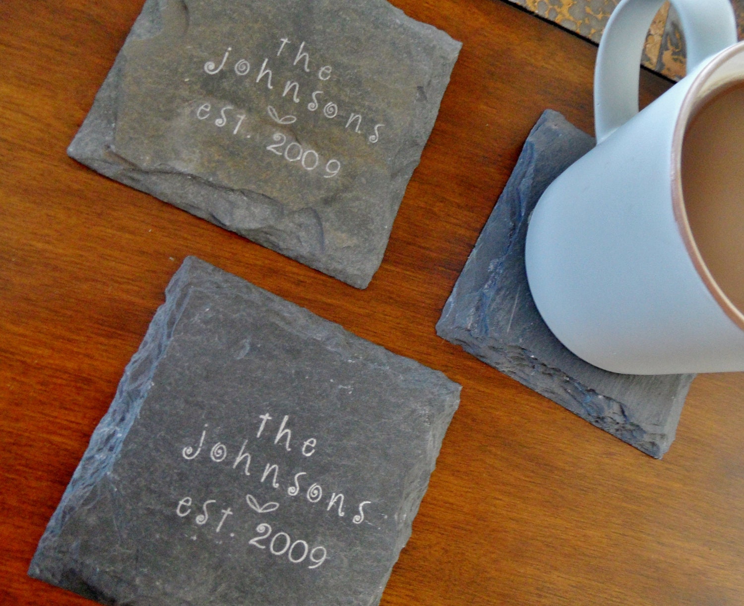 Customized Last Name / Established Year Slate Coasters (Set of 4) 12 Color Options