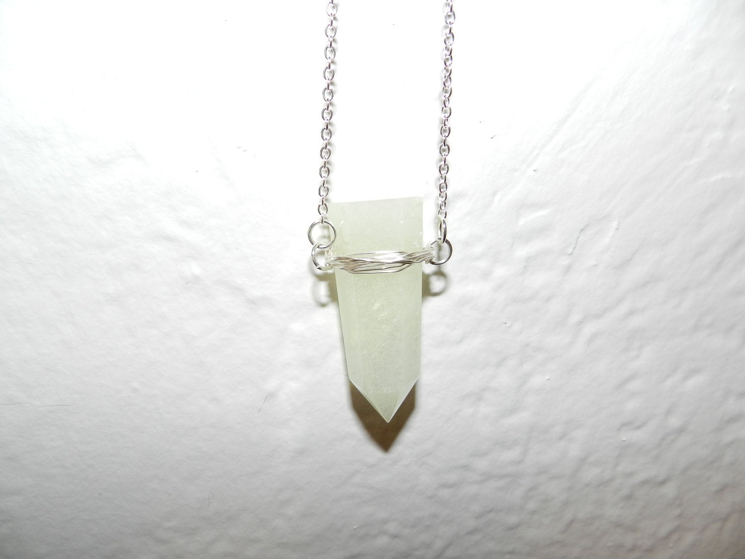Light Green Crystal Point Silver Wire Wrapped Necklace