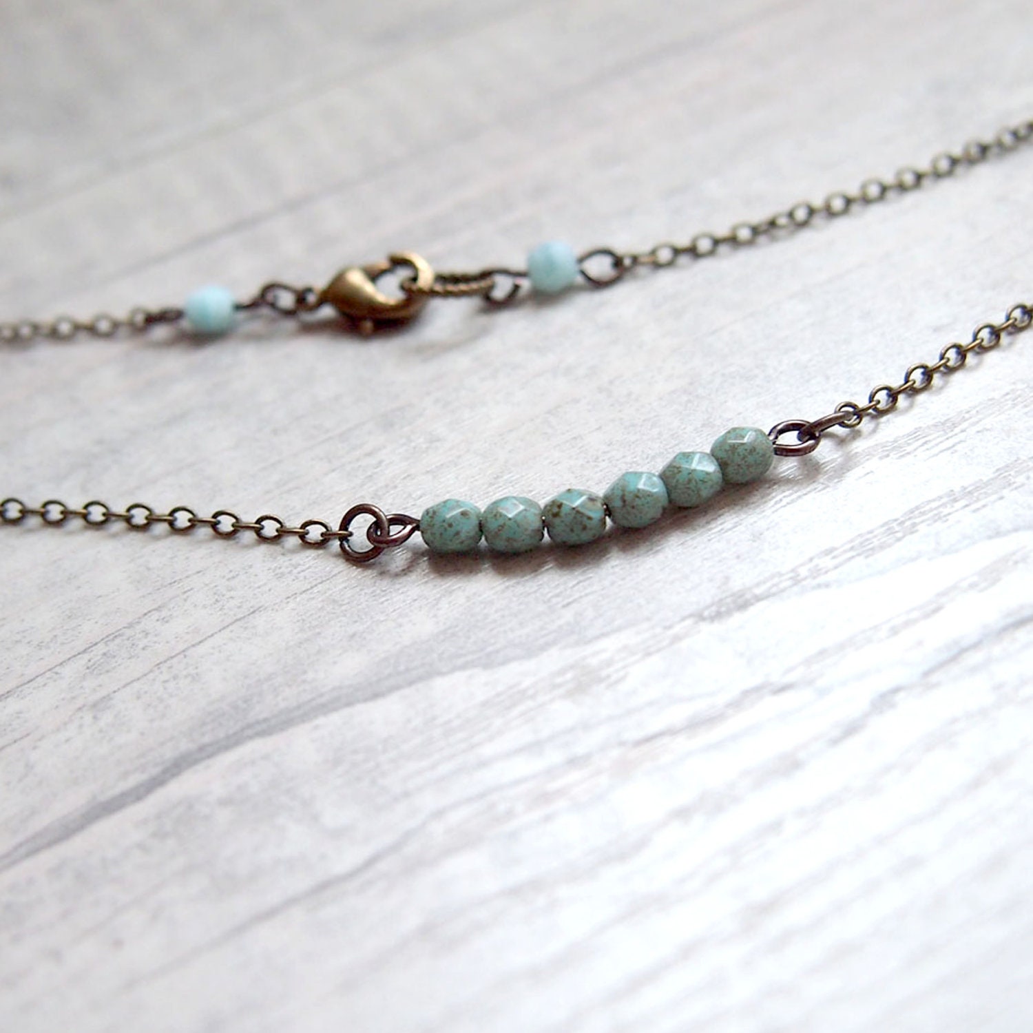 Blue Marble bar necklace. Choker. Blue marble Czech fire polish faceted Rondelle glass bead necklace on antique brass chain. C02