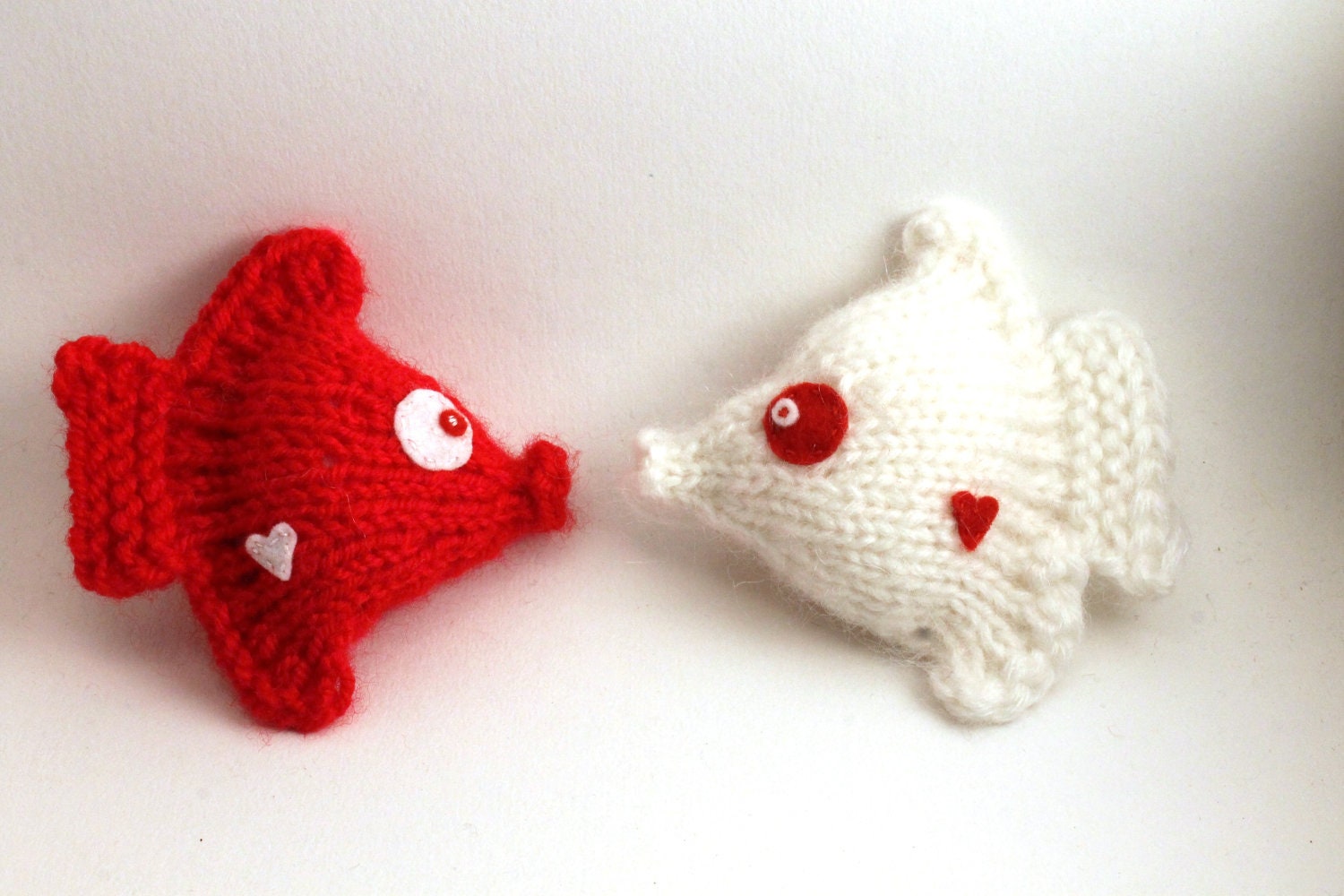 Knitted red & white fishes. Soft child safe St. Valentine's day gift - set of 2 tropical fishes - home decor for kids - red heart
