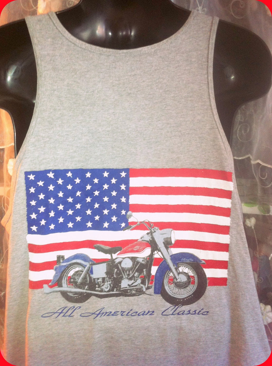 AMERICAN classic USA Flag Gray Motorcycle and Muscle Car Shirt Tank Men Long Size XXL