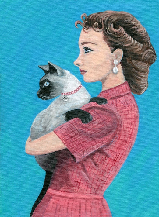 Evelyn and her Siamese cat.  A print of my original painting.