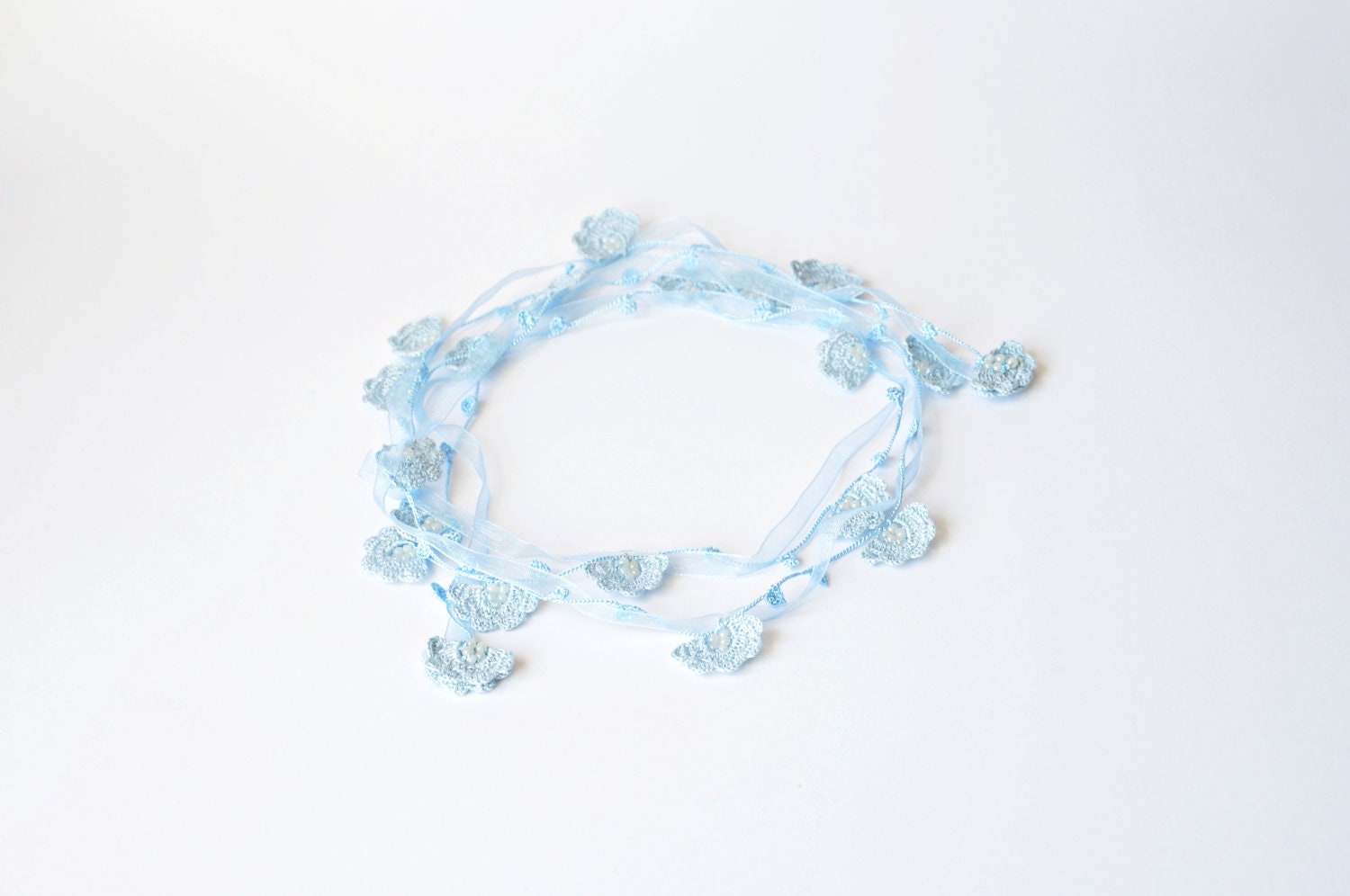 Crochet Necklace, Oya, Baby Blue Flowers, Light Blue Ribbon, Beadwork - ReddApple