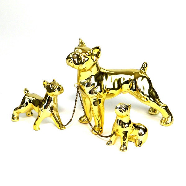 Boston Terrier Bulldog Figurines in Gold - Three Gilded Porcelain Dogs, Leashed Together with Chain - Kitsch Vintage Decor
