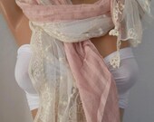 Romantic Pink  /  Elegant Scarf  with Lace Edge.