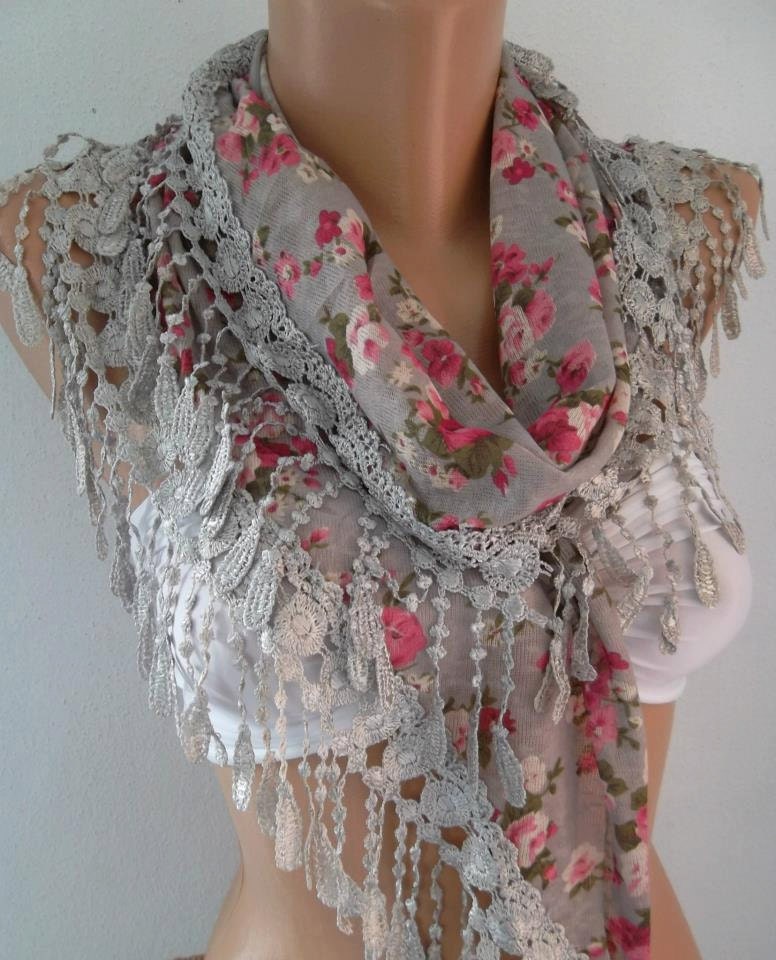 Georgeus Scarf Elegance Scarf Feminine Scarf Grey Pink Flowered