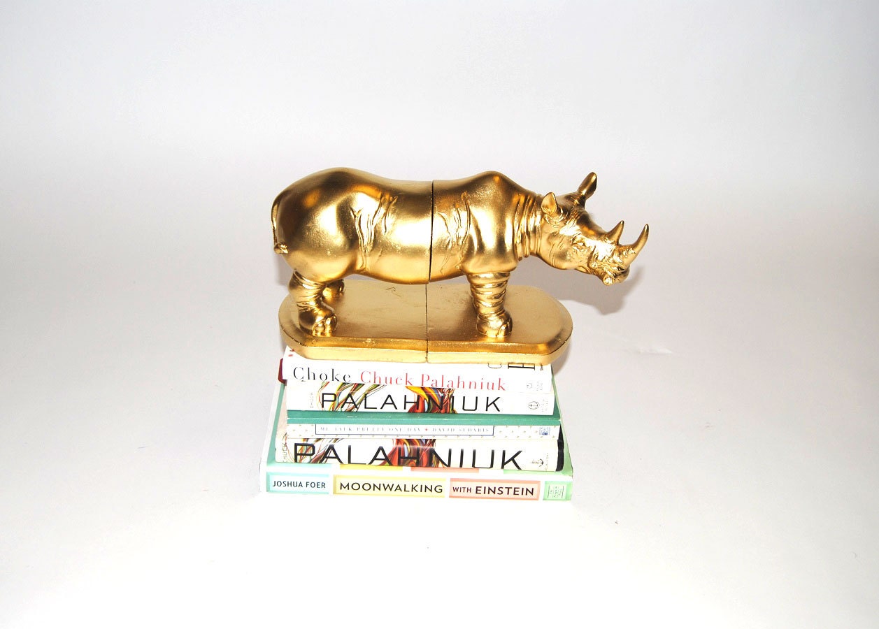 White Faux Taxidermy - The Rhino Bookends - Gold Home Decor - Office Library Decor - Book Storage