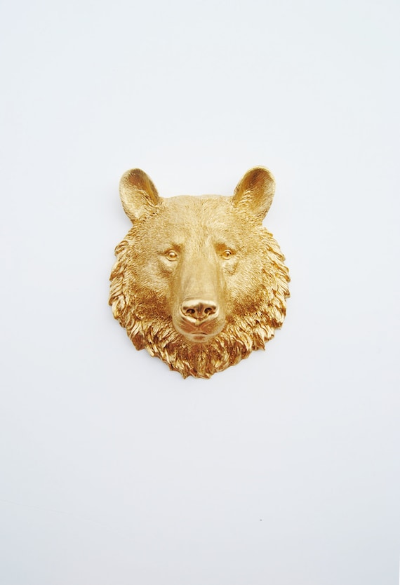 The Hudson - 1 Gold Mini Resin Bear Head- Resin White Faux Taxidermy- Chic & Trendy