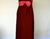 Vintage 60s Red Velvet Dress, Maxi with satin ribbon details, xs/s