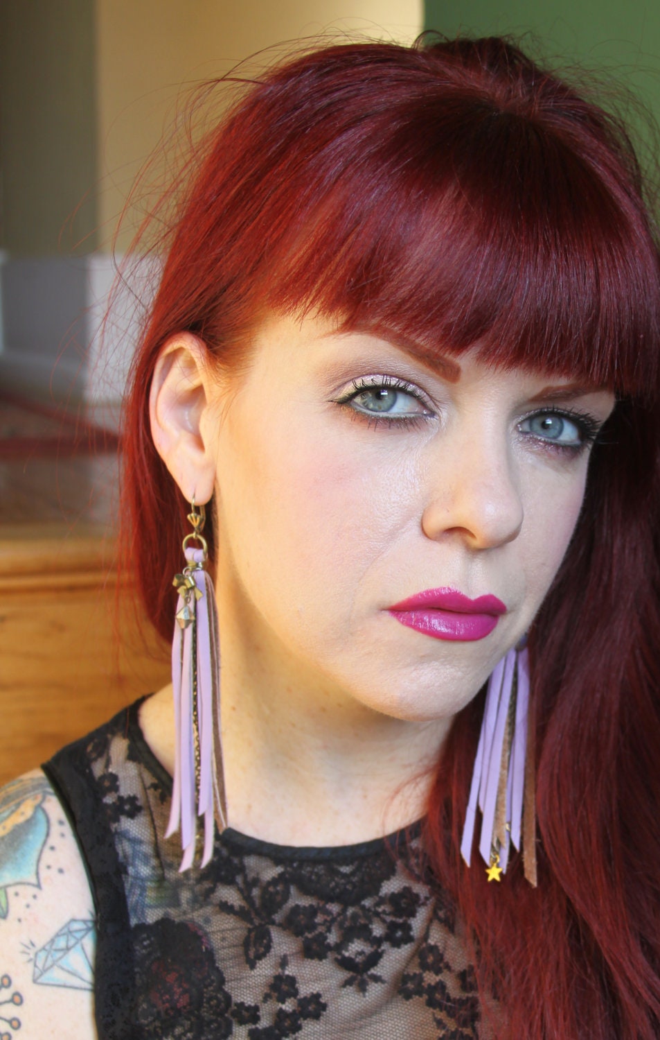 SALE/ Leather Fringe earrings with Antique Brass Chains, Bows and Stars