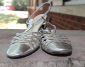 1960s 60s Metallic Silver Dancing Shoes / Leather / Low Heel / Size 6B / Hand Made / Armstrong and Richardson / Pedulla & Agostino