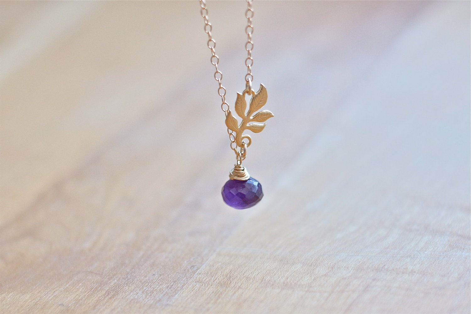 purple amethyst gemstone necklace with gold leaf charm - gold filled - simple delicate handmade jewelry by fancy lemon