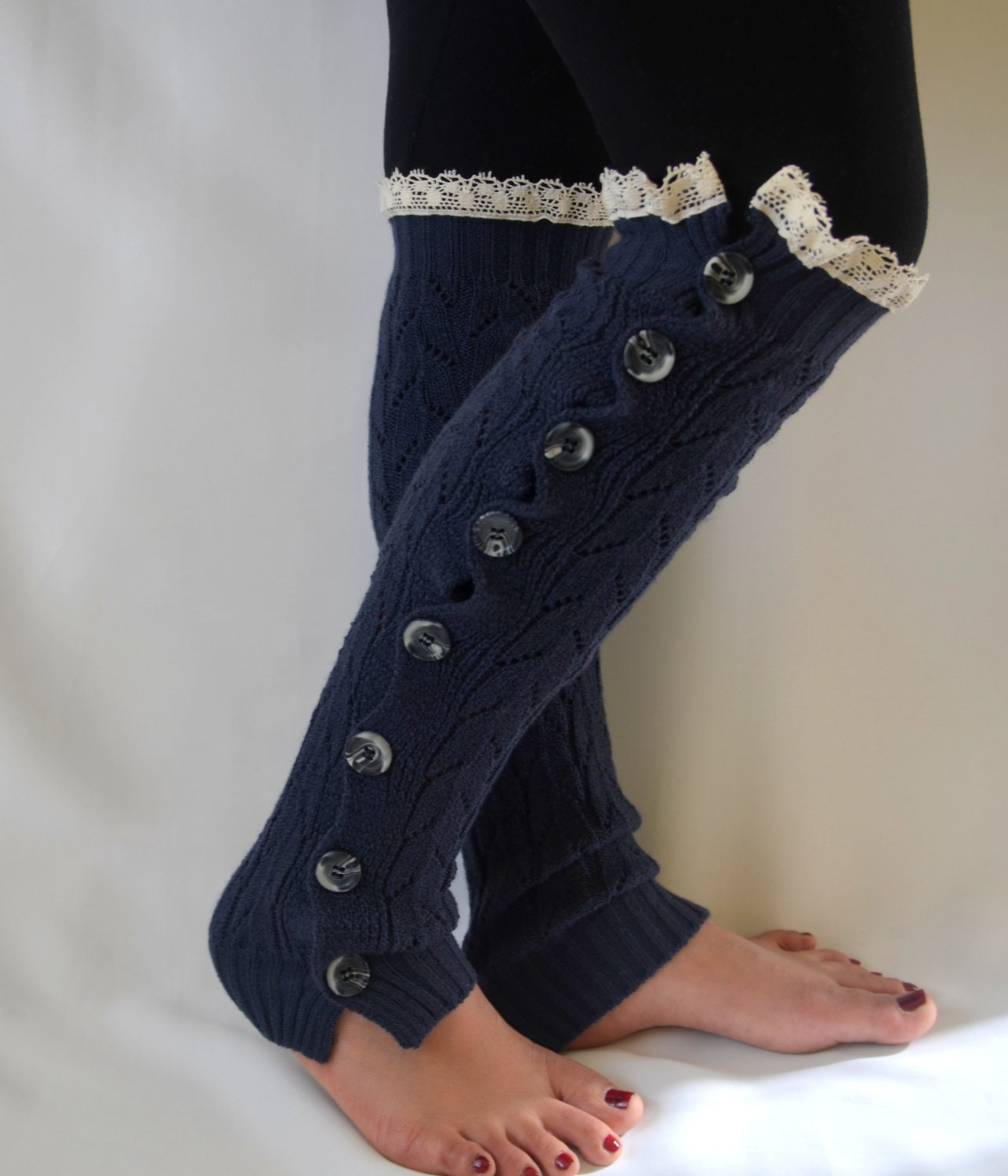 Cobalt blue slouchy open button down lace leg warmers knit lace leg warmers boot socks over the knee socks spring trend women's accessory