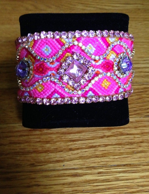 Bonbon - 2" wide hand-woven, friendship bracelet embellished with aurora borealis and zircon crystals, pink and purple resin cabochon beads