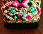 Esmeralda - 2" wide hand-woven, friendship bracelet embellished with aurora borealis and zircon crystals, resin and vintage cabochons
