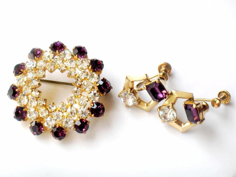Austrian Crystal Brooch and Earrings Art Deco Vintage Rhinestone Demi Parure 1950s Collectable Jewelry Purple February Birthstone