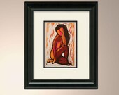 Nude woman single-block reduction linocut print mysterious