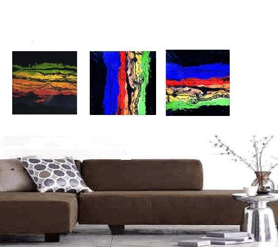 Abstract Resin Art painting on canvas, colorful contemporary 3pc 36" x 12 "In the Begining II"