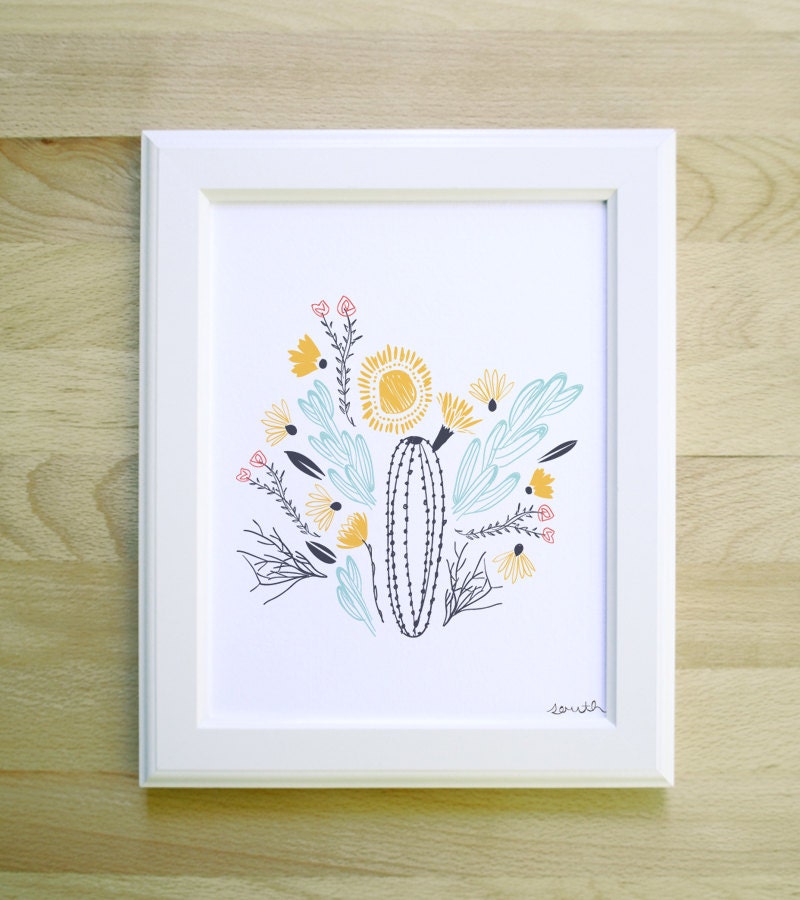 south art print 8 x 10 floral and succulent cactus flowers bouquet simple tribal bloom illustration in summer colors with white background