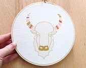 Limited Edition 6 inch Hoop Art oxen buffalo bull with geometric print tribal antlers nursery home decor gifts for women modern vintage