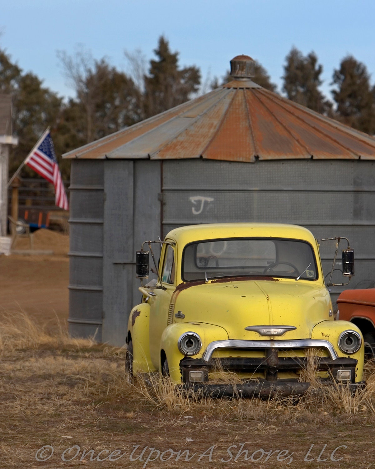 Heartland Americana (8x10 print) color print of a classic Chevy Trick with the US flag in the background - OnceUponAShore