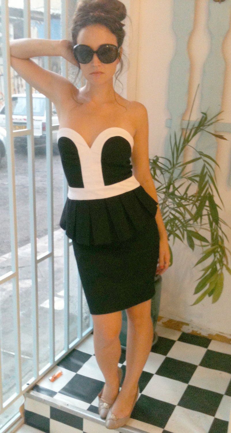 Black and White Evening Dress - Strapless Mini Dress