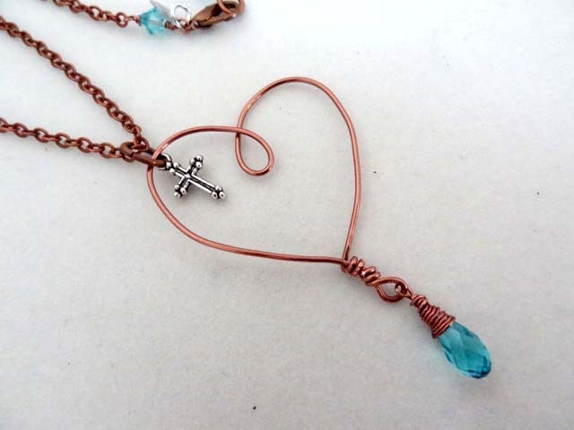 Copper Floating Heart Silver Cross Charm Love blue Crystal bead Wire Wrapped handmade pendant necklace Christian Religious Jewelry Memorial