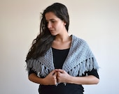 City grey - prayer shawl shrug scarf, light grey, chilly season, triangle shawl with fringe - VEGAN Etsy UK