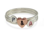 Tiny Stacking Initials and Copper Heart Sterling Silver Ring Set