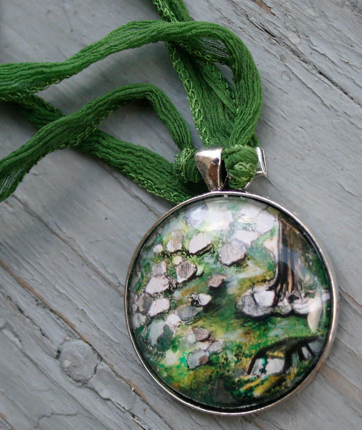 Original Art Pendant, Green Fairy Ribbon, Old Car in the Woods