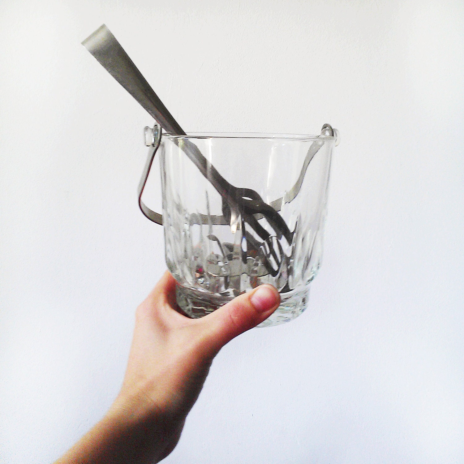 midcentury glass ice bucket set with tongs glass metal stailess steel chrome home barware Mad Men