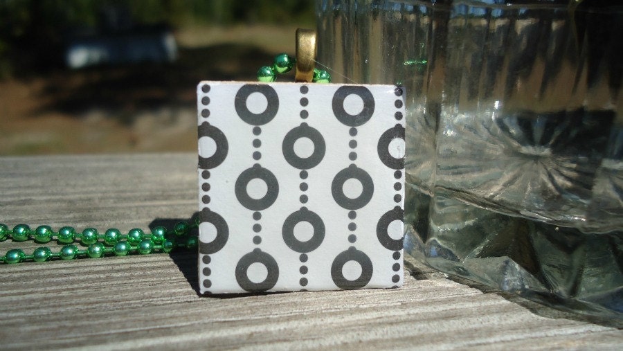 White Pendant with Black Circles, Wood Square Pendant