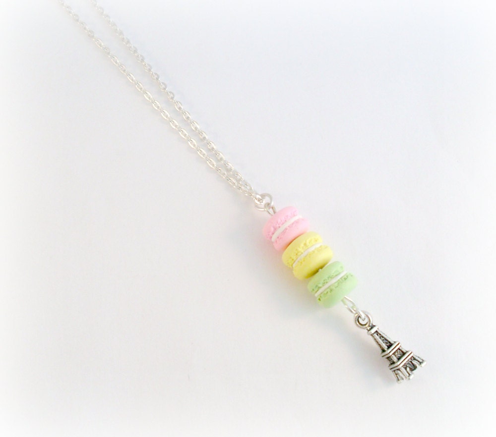 Macaron Trio Eiffel Tower Necklace, Kitsch Tiny pastel Macaroons, Cute And Kawaii :D