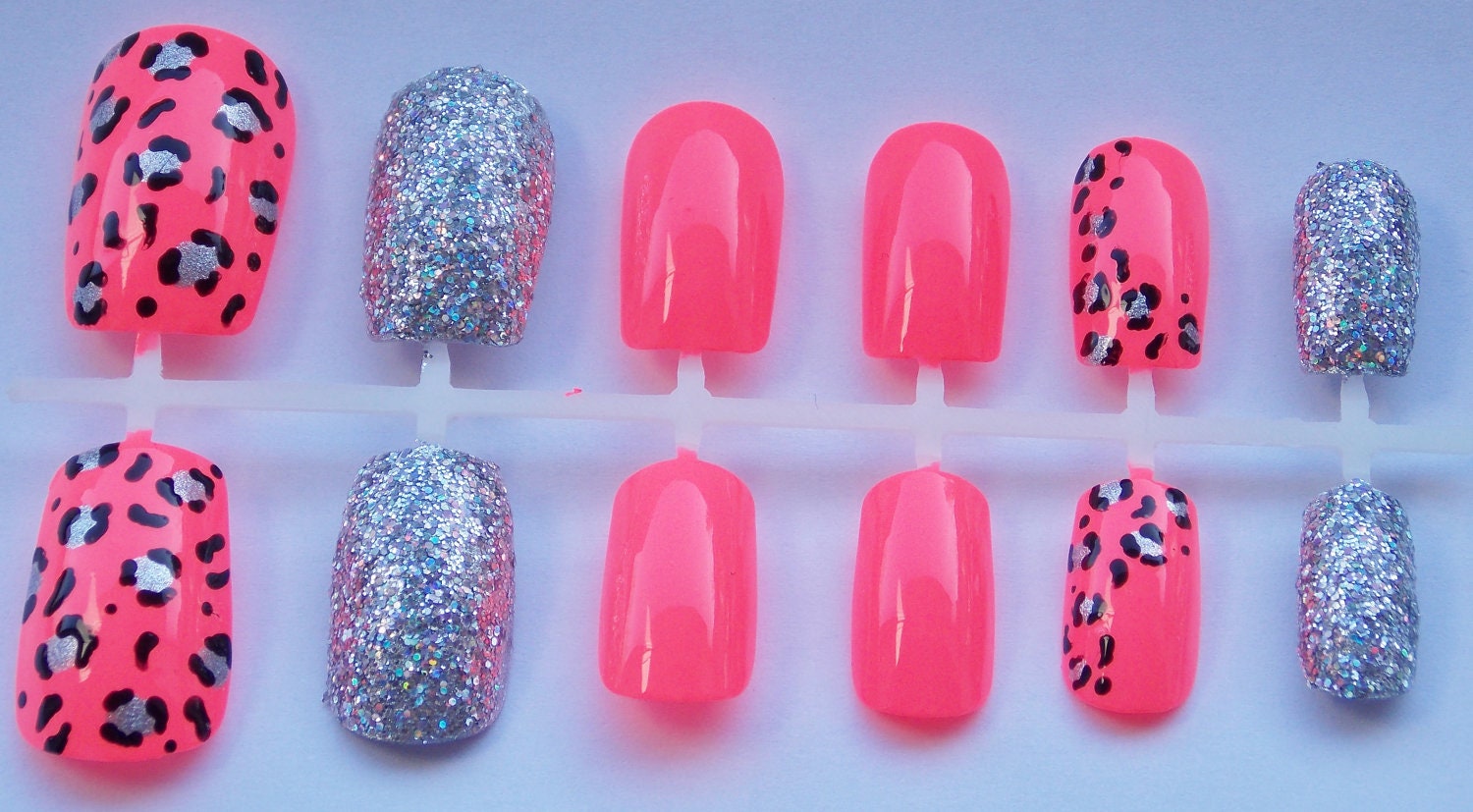 Neon Coral and Silver Glitter Cheetah or Leopard Fake Nails - False, Artificial, Acrylic, Press-On