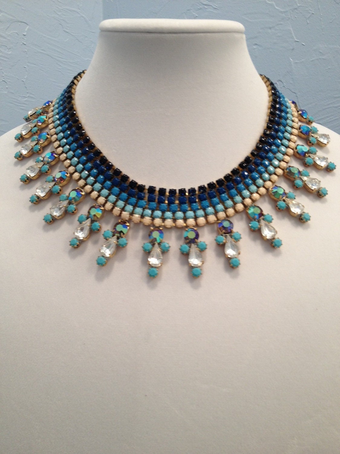 One of a Kind Vintage Rhinestone Hand Painted Blue Ombre Statement Bib Necklace- MONTMARTRE