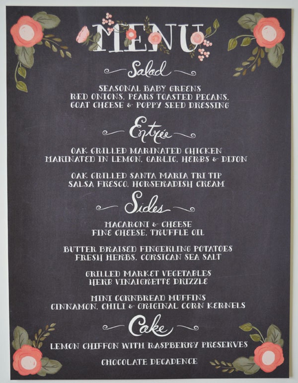 Custom Wedding Menu Print-Chalkboard Inspired 11 x 14