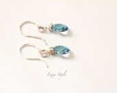 Dangle Ear Rings Sterling Silver Wire wrapped Metal Jewelry Handmade Swarovski teardrop Crystal Aqua Blue Bridesmaid Eco friendly Luxe Style