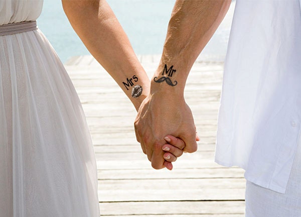 Wedding Couple Mr and Mrs text and Mustache and Lips Kiss Temporary Tattoo Set