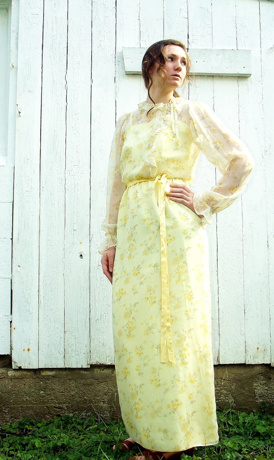 Vintage Wedding Party Dress 60s Bridesmaid Dress Yellow Floral with Shear Elegant Detailed