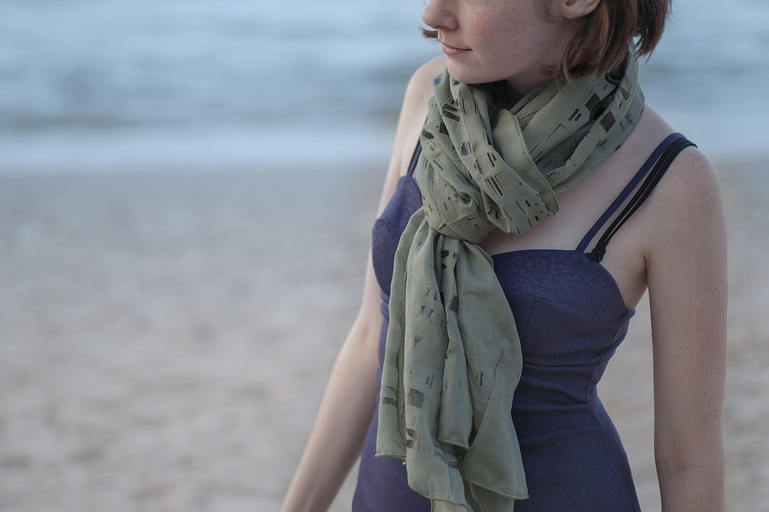 Classy Olive Green Sheer Voile Scarf, Black Screen Printed pattern. Winter Gift