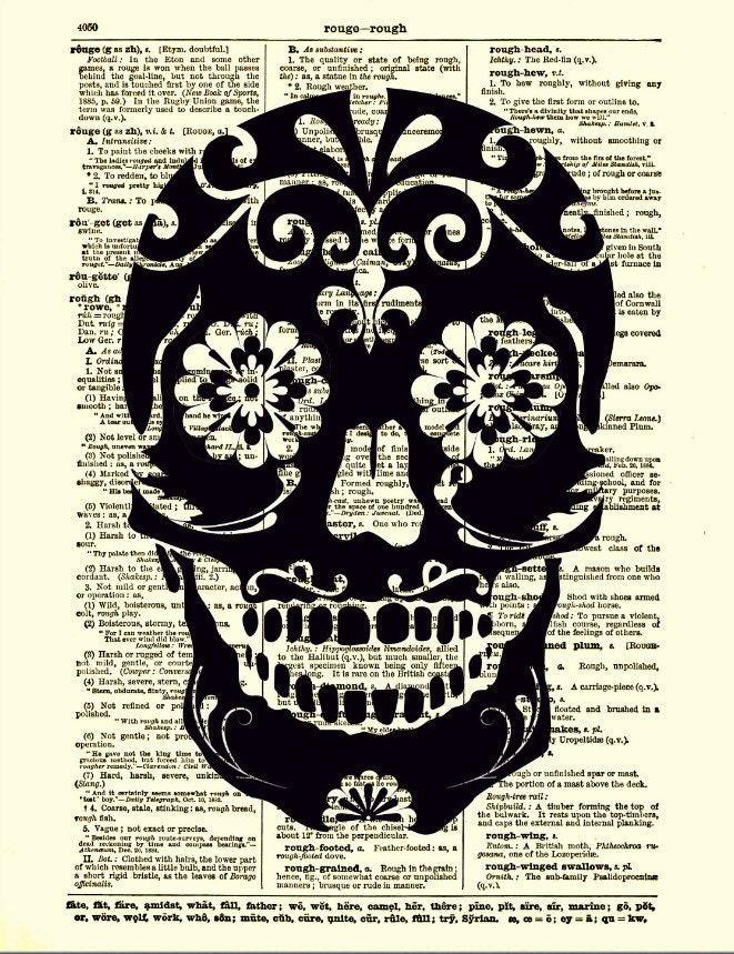 Sugar Skull Dictionary Art Print Black Sugar Skull, Dictionary Art Print, Wall Decor, Mixed Media, Mexican Skull