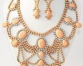 READY TO SHIP Gorgeous statement bib necklace and earrings set, painted nude, beige, "Peach Princess".