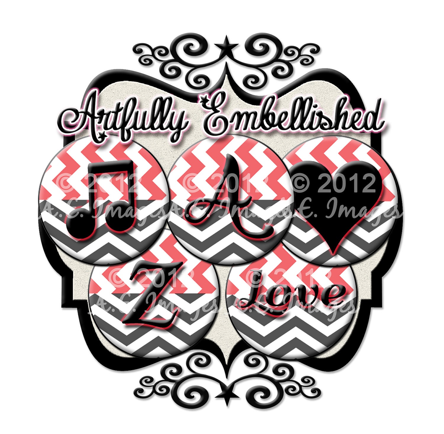 BLACK / RED CHEVRON Alphabet Bottle Cap Images, 4 x 6 sheets with 1" circles. For Making Hair Bows, Magnets and Jewelry