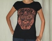 Dia De Los Muertos Sugar Skull Hand Drawn Upcycled Black Womens Size Small Bleach Art T Shirt