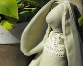 Toy Animal Softie Bunny Rabbit Fabric Doll in Green Wool and Vintage Lace Bikini Called Kate