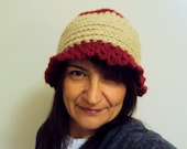 SUMMER SALE Hand Knit Crochet Flapper Hat Trendy Beret  Wool Acrylic Mixture Cloche Style Beige Burgundy Women Spring Fall Winter Accessory