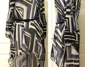 Sexy Sheer Modern Geometric Pattern Print Chiffon Low V Cut Neckline Cut Out Dolman Sleeves High Low Dress