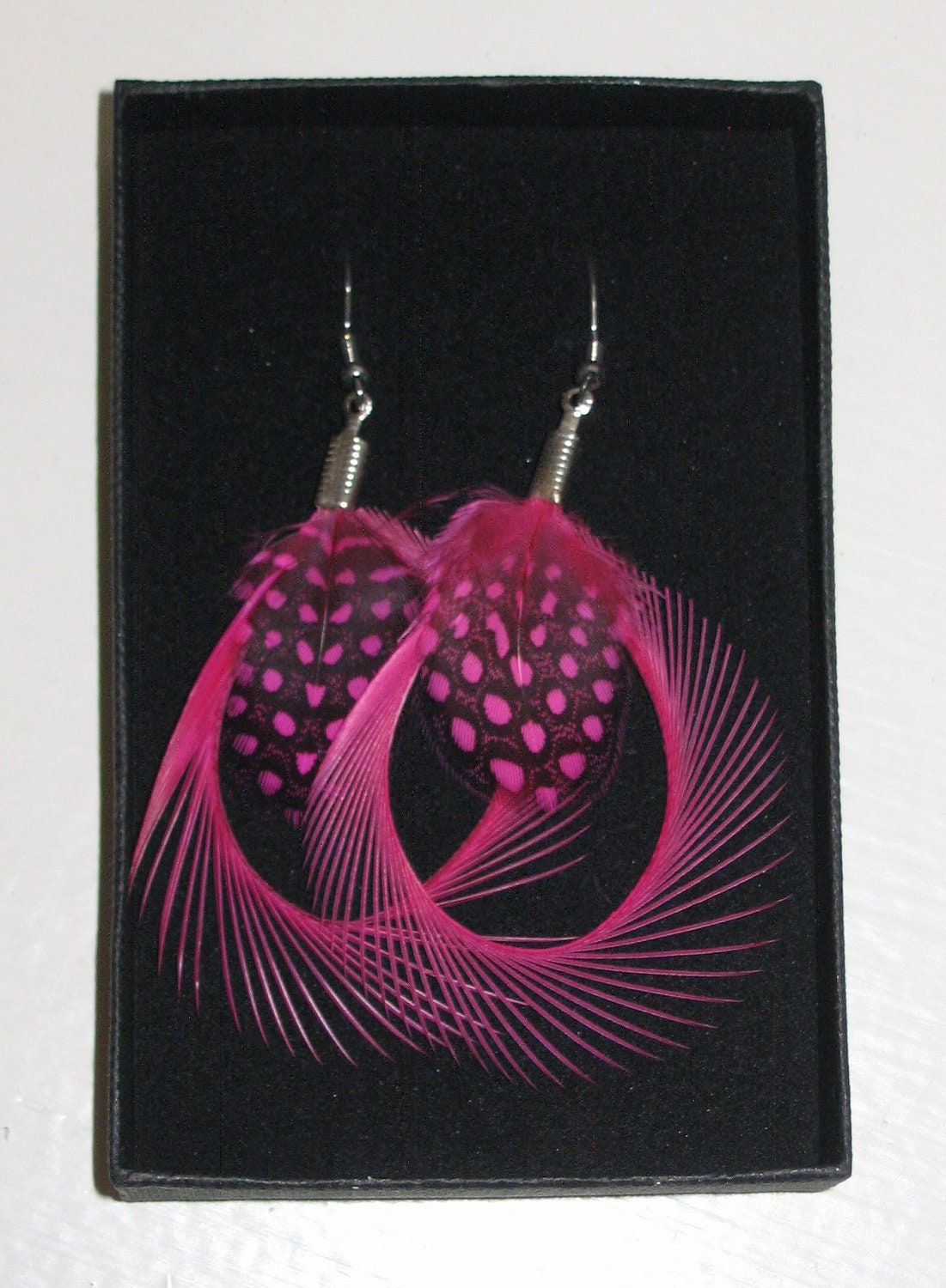 Hot Pink Feather Earrings Silver Plated Curled Hoops Fuchsia and Black Spotted Polka Dot Handmade