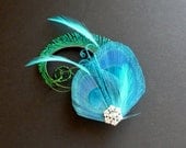 Turquoise Blue Green Peacock Feather Hair Clip Fascinator Crystal Wedding Bridal Bridesmaid Hair Accessory 'Evelyn'